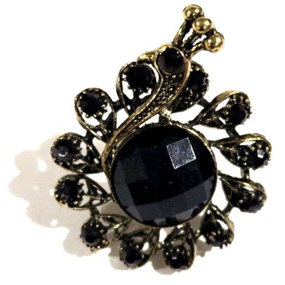 Vintage Peacock Ring – Black Gemstones & Center Stone – Adjustable Women Jewelry - Picture 3 of 9